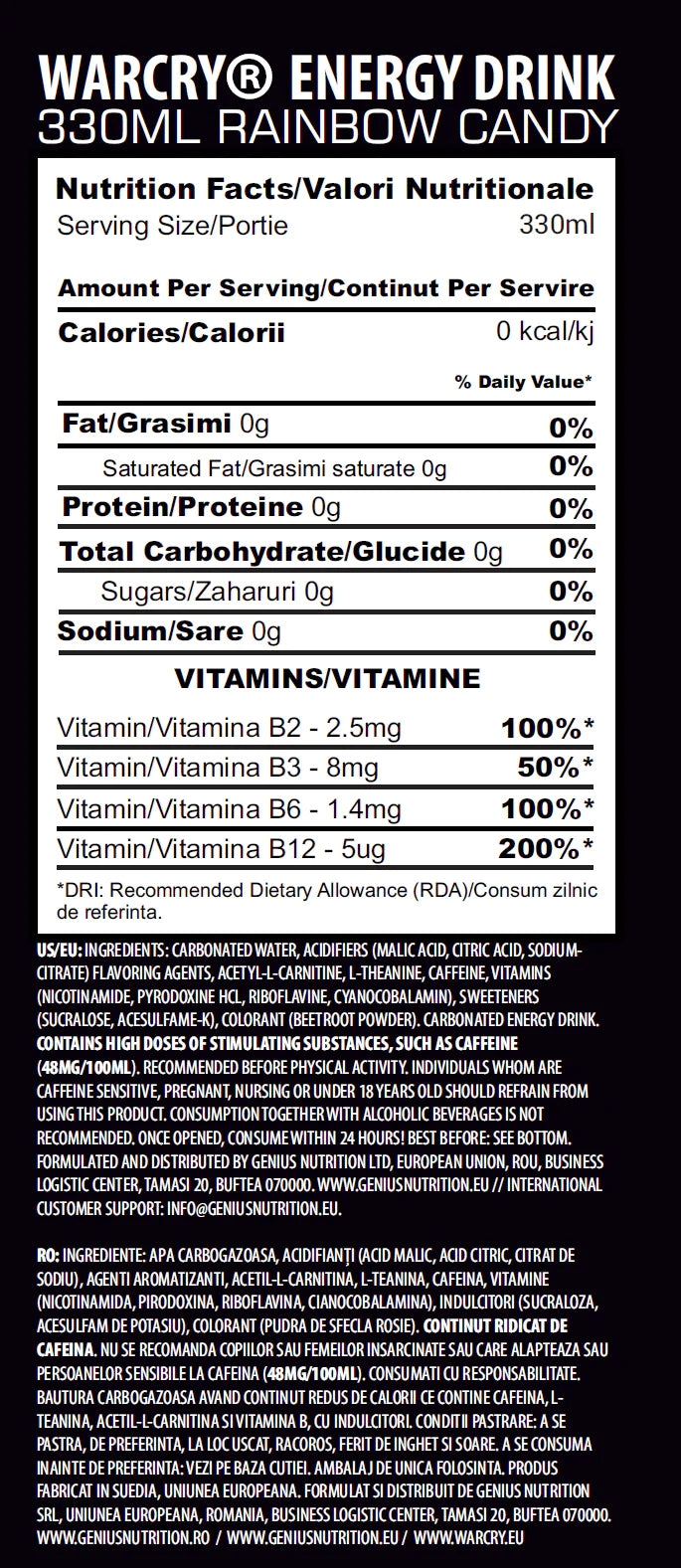 Genius Nutrition Warcry Energy Drink (24 x 330 ml) - MEGA NUTRICIA